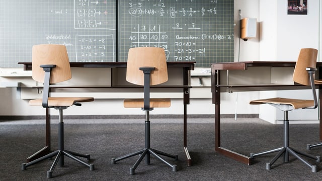 Eine beschriebene Wandtafel, Schulbänke und Stühle aufgenommen in einem Mathematikzimmer der Bezirksschule am 25. September 2014 in Suhr, Kanton Aargau. Eine beschriebene Wandtafel, Schulbänke und Stühle aufgenommen in einem Mathematikzimmer der Bezirksschule am 25. September 2014 in Suhr, Kanton Aargau.