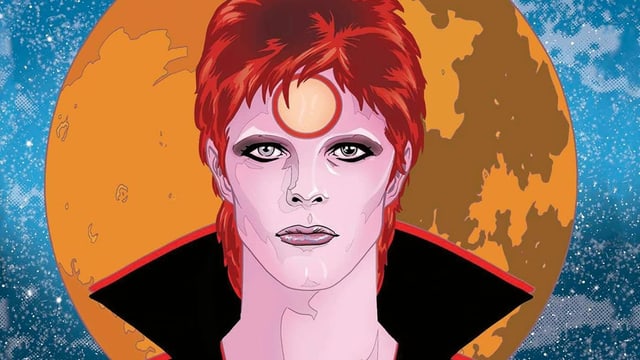 Cover eines Comics mit David Bowie vor einem orangen Mond im Weltall Cover eines Comics mit David Bowie vor einem orangen Mond im Weltall