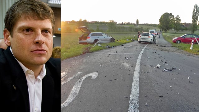 Zusammengesetztes Bild: Links ist ein Porträt von Jan Ullrich zu sehen. Rechts eine Strasse mit drei Autos. Zwie der Autos befinden sich auf den Wiesen, die sich links und rechts der Strasse befinden. Zusammengesetztes Bild: Links ist ein Porträt von Jan Ullrich zu sehen. Rechts eine Strasse mit drei Autos. Zwie der Autos befinden sich auf den Wiesen, die sich links und rechts der Strasse befinden.