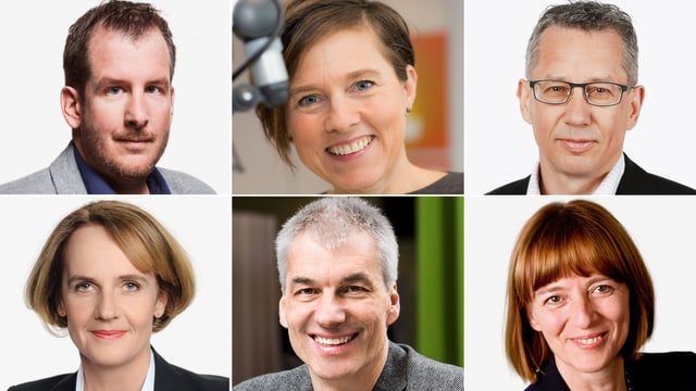 Für Sie im «Hallo SRF!»-Chat (von links): Maurice Velati (Leiter Regionaljournal AG SO), Vera Deragisch (Redaktorin Regional-Diagonal), Peter Brandenberger (Leiter Regionaljournal BE FR VS), Katrin Hug (Leiterin Regionaljournal ZH SH), Jörg André (Leiter Regional-Diagonal), Maria Lorenzetti (Leiter Regionaljournal Ostschweiz und Graubünden) Für Sie im «Hallo SRF!»-Chat (von links): Maurice Velati (Leiter Regionaljournal AG SO), Vera Deragisch (Redaktorin Regional-Diagonal), Peter Brandenberger (Leiter Regionaljournal BE FR VS), Katrin Hug (Leiterin Regionaljournal ZH SH), Jörg André (Leiter Regional-Diagonal), Maria Lorenzetti (Leiter Regionaljournal Ostschweiz und Graubünden)