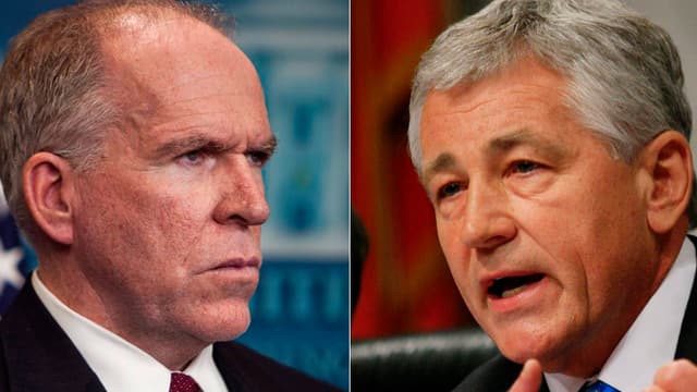 Portrait von Chuck Hagel (rechts) und John Brennan. Portrait von Chuck Hagel (rechts) und John Brennan.