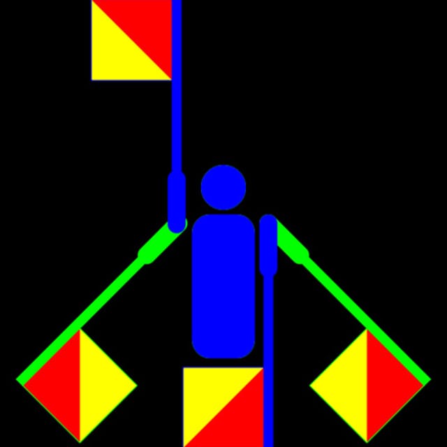 Symbol eines Mannes, der vier Flaggen in unterschiedliche Richtungen hält. Symbol eines Mannes, der vier Flaggen in unterschiedliche Richtungen hält.