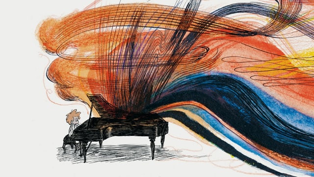 eine Zeichnung eines Jungen, der Klavier spielt, aus dem Farbe rausströmt