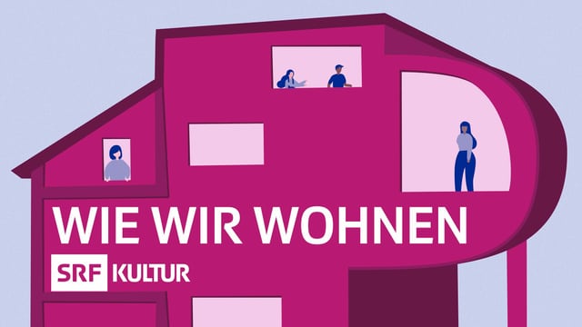 Pink colored graphic of a house with multiple windows with people looking out.