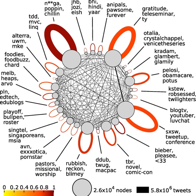 Grafik mit dem Verhalten von prominenten Gruppen, die sich über Twitter austauschen. Grafik mit dem Verhalten von prominenten Gruppen, die sich über Twitter austauschen.