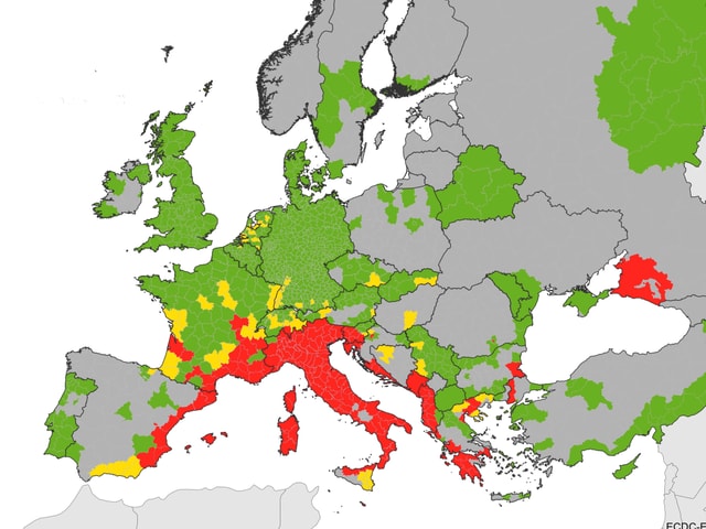 Karte, die das Vorkommen der Tigermücke in Europa darstellt. Karte, die das Vorkommen der Tigermücke in Europa darstellt.