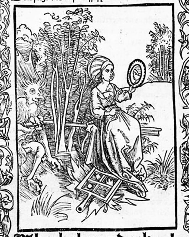Holzschnitt des Teufels, der eine hochfährtige Frau klobt. Holzschnitt des Teufels, der eine hochfährtige Frau klobt.