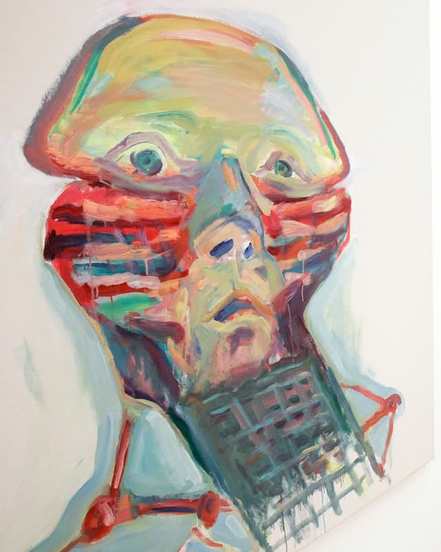 Man sieht die Gemälde «Sprachgitter» und «Trauer» von Maria Lassnig. Ein Mann hat ein Gitter vor dem Mund. Man sieht die Gemälde «Sprachgitter» und «Trauer» von Maria Lassnig. Ein Mann hat ein Gitter vor dem Mund.