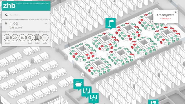 Screenshot eines Navigationssystems zum Auffinden von freien Arbeitsplätzen in der Universität Luzern. Screenshot eines Navigationssystems zum Auffinden von freien Arbeitsplätzen in der Universität Luzern.