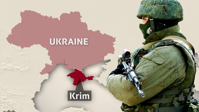 Karte der Ukraine mit der Halbinsel Krim und einem bewaffneten Soldaten. Karte der Ukraine mit der Halbinsel Krim und einem bewaffneten Soldaten.