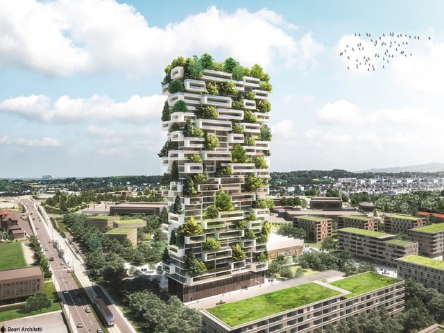 Hochhaus mit verschachtelten heraushängenden Wohnungen mit viel Grün. Hochhaus mit verschachtelten heraushängenden Wohnungen mit viel Grün.