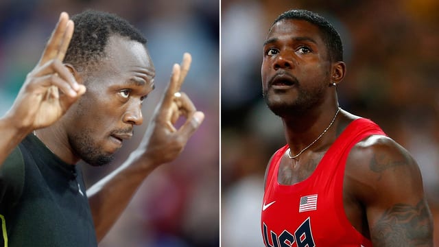 Usain Bolt und Justin Gatlin schauen einander an. Usain Bolt und Justin Gatlin schauen einander an.