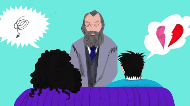 Illustration: Ein Paar sitzt auf dem Therapeutensofa: Psychiater Gottfried Keller sitzt ihnen gegenüber. Illustration: Ein Paar sitzt auf dem Therapeutensofa: Psychiater Gottfried Keller sitzt ihnen gegenüber.
