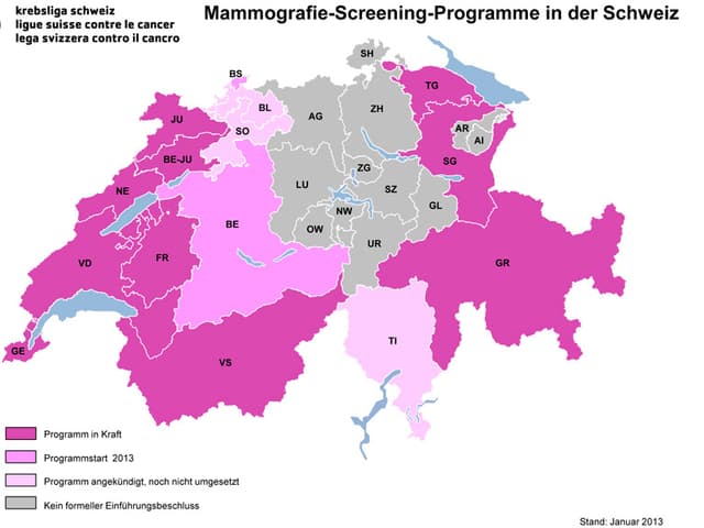 Schweiz-Karte mit dem Mammograpfie-Screening-Angebot in den einzelnen Kantonen. Schweiz-Karte mit dem Mammograpfie-Screening-Angebot in den einzelnen Kantonen.