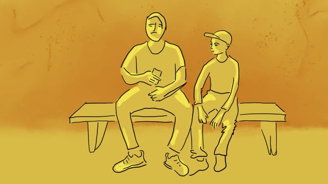 eine gelbe Illustration, die zwei Teenager zeigt, die sich auf dem Handy etwas zeigen eine gelbe Illustration, die zwei Teenager zeigt, die sich auf dem Handy etwas zeigen