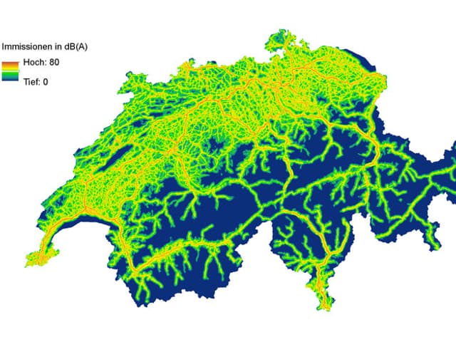 Schweizer Karte mit Strassenlärm eingezeichnet Schweizer Karte mit Strassenlärm eingezeichnet