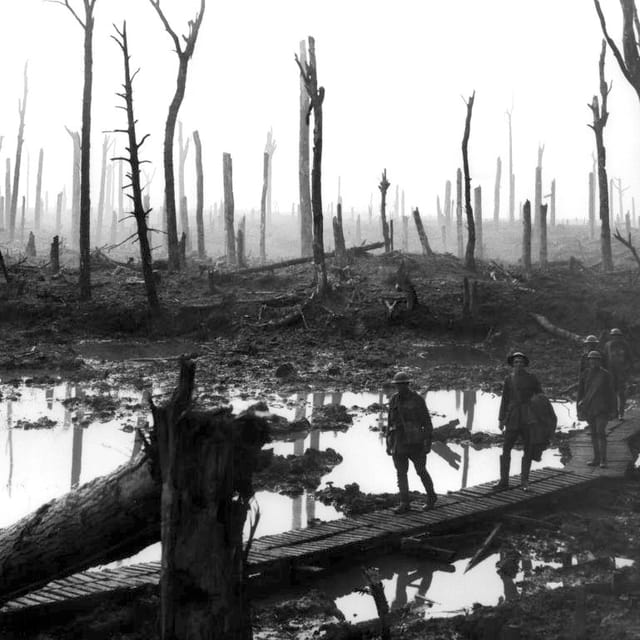 Soldaten marschieren durch einen zerbombten Wald. Soldaten marschieren durch einen zerbombten Wald.