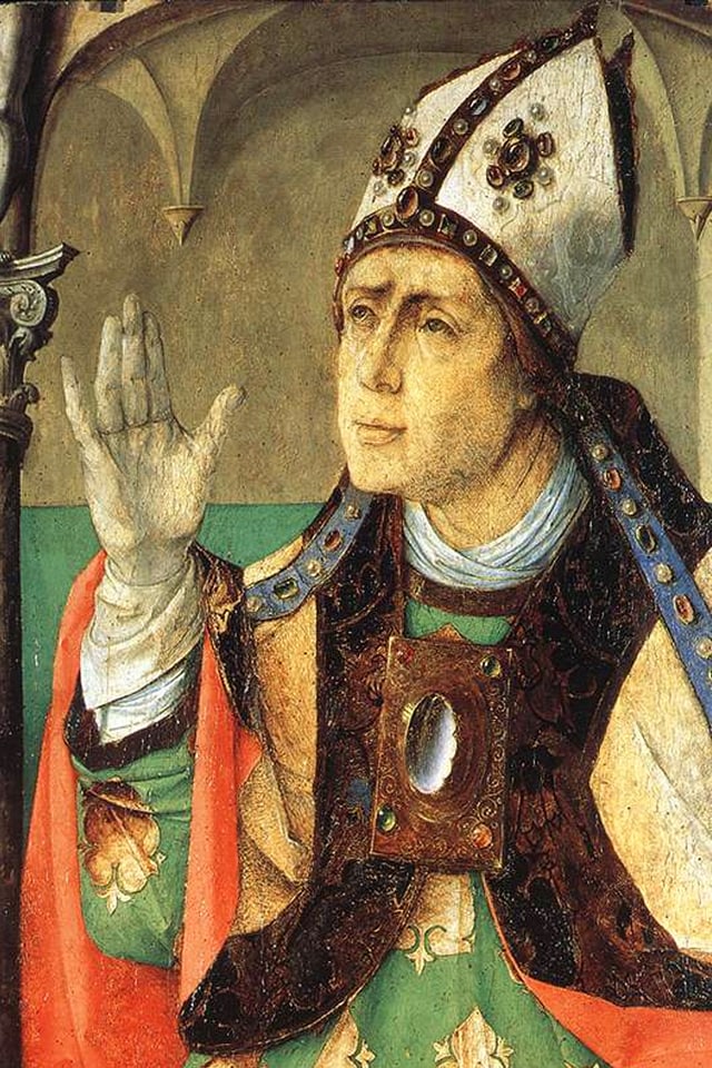 Ein Gemälde zeigt den spätantiken Kirchenlehrer Augustinus in religiösem Gewand. Ein Gemälde zeigt den spätantiken Kirchenlehrer Augustinus in religiösem Gewand.