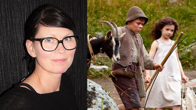 geteiltes Bild; auf der linken Seite ein Porträt von Frau mit Brille, auf der rechten Seite Heidi und der Geissenpeter auf einer Wiese geteiltes Bild; auf der linken Seite ein Porträt von Frau mit Brille, auf der rechten Seite Heidi und der Geissenpeter auf einer Wiese