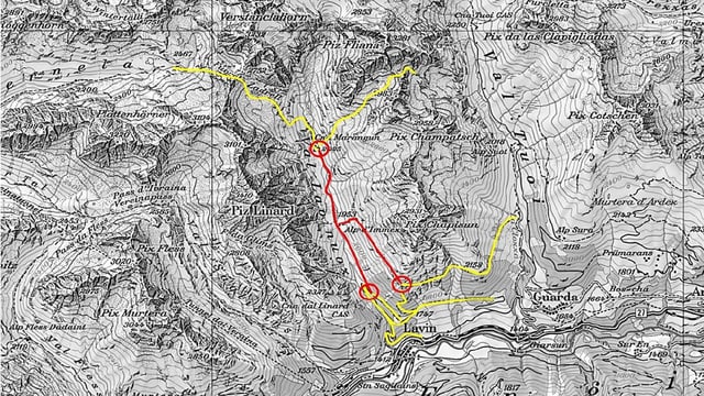Kartenausschnitt von der Region Lavin. Eingezeichnet sind die gesperrten Wege. Kartenausschnitt von der Region Lavin. Eingezeichnet sind die gesperrten Wege.