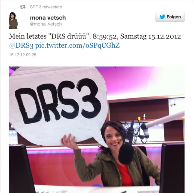 Mona Vetsch twittert zum Abschied... Mona Vetsch twittert zum Abschied...