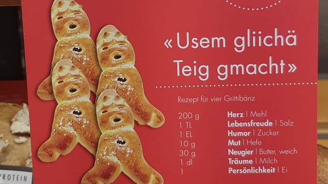 Flyer mit Slogan; Usem gliichä Teig gmacht Flyer mit Slogan; Usem gliichä Teig gmacht