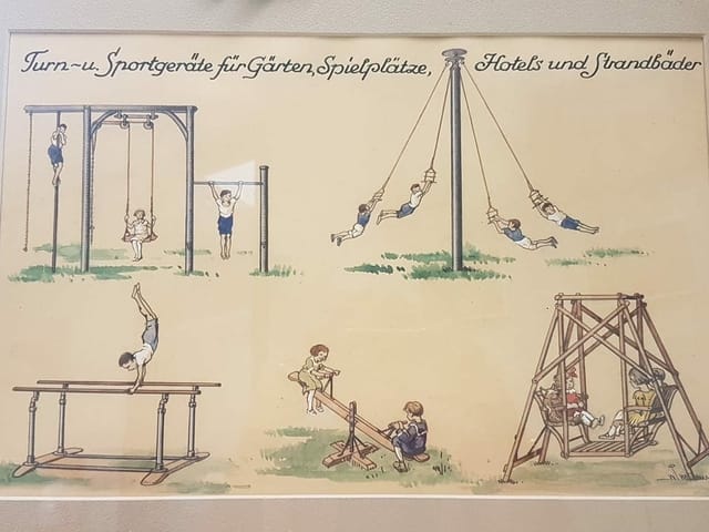 Ein Poster mit Illustrationen zu "Turn- und Sportgeräte für Gärten, Spielplätze, Hotels und Strandbäder", namentlich Kletterstange, verschiedenen Schaukeln, Reckstange, Rundlauf und Barren.