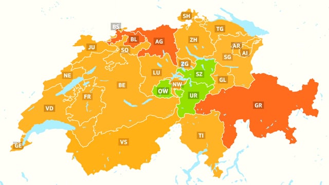 Schweizerkarte mit verschieden eingefärbten Kantonen Schweizerkarte mit verschieden eingefärbten Kantonen