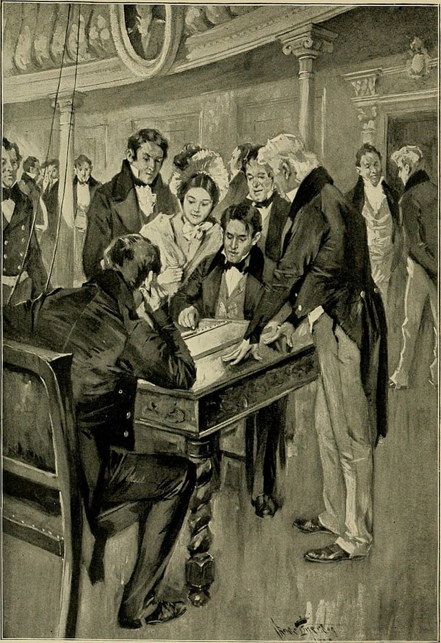 Illustration: Zwei Männer sitzen am an einem Tisch vor einem Gerät, darum herum Zuschauer und eine Zuschauerin. Illustration: Zwei Männer sitzen am an einem Tisch vor einem Gerät, darum herum Zuschauer und eine Zuschauerin.