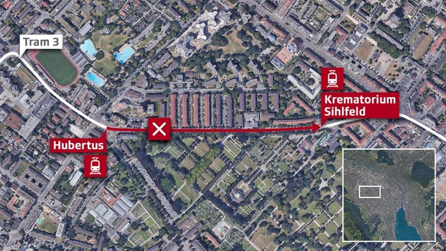 Karte der Tramlinie 3 in Zürich. Karte der Tramlinie 3 in Zürich.