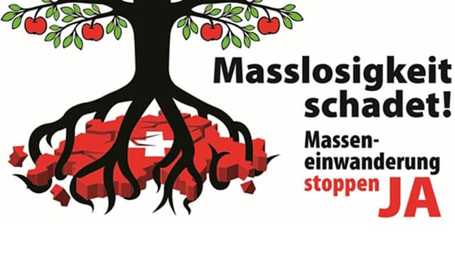 Ein Apfelbaum schlägt Wurzeln in die Schweiz, welche zerbröckelt. Daneben steht der Slogan für die Initiative. Ein Apfelbaum schlägt Wurzeln in die Schweiz, welche zerbröckelt. Daneben steht der Slogan für die Initiative.