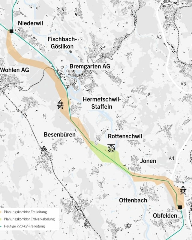 Ein Kartenausschnitt mit dem Verlauf der Leitung. Ein Kartenausschnitt mit dem Verlauf der Leitung.