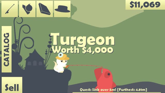 Die Katze trägt einen sommerlichen Strohhut und hat einen Turgeon an der Angel. Wert: $4000. Die Katze trägt einen sommerlichen Strohhut und hat einen Turgeon an der Angel. Wert: $4000.