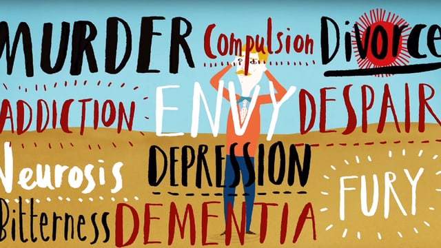 Eine Illustration: Ein Mann wird von Begriffen wie "Depression", "Neurose" und "Scheidung" verdeckt. Eine Illustration: Ein Mann wird von Begriffen wie "Depression", "Neurose" und "Scheidung" verdeckt.