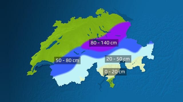 Schweizerkarte mit den Schneehöhen über den Alpen in 2000 Metern Höhe. Der Osten ist bevorzugt. Schweizerkarte mit den Schneehöhen über den Alpen in 2000 Metern Höhe. Der Osten ist bevorzugt.