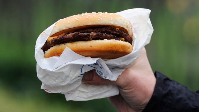 Hand hält einen Hamburger. Hand hält einen Hamburger.