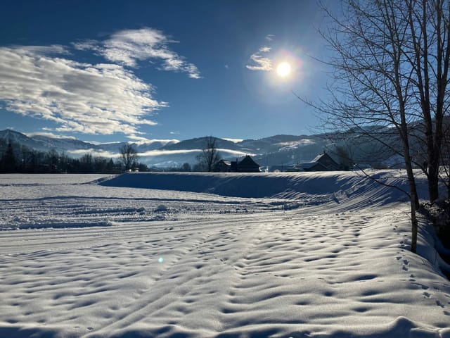 Winterlandschaft mit Schnee und Sonne und Wolken am Himmel.