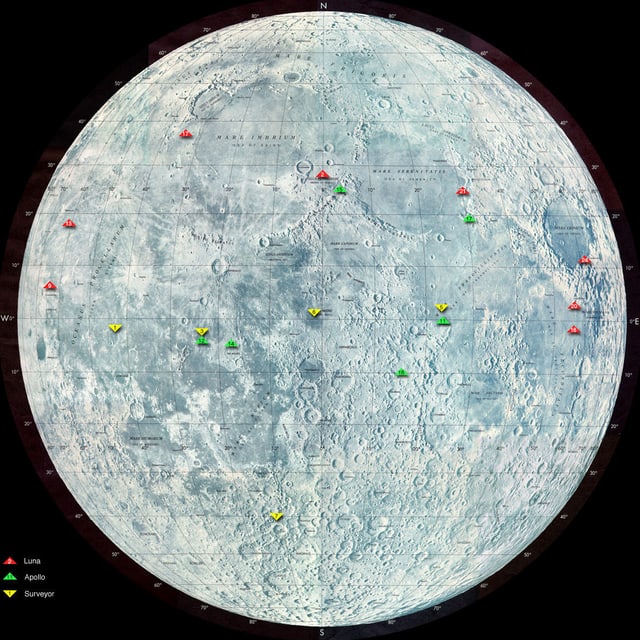 Die Karte zeigt Landeorte der Raumfahrzeuge der Luna-, Surveyor- und Apollo-Programme auf dem Mond.