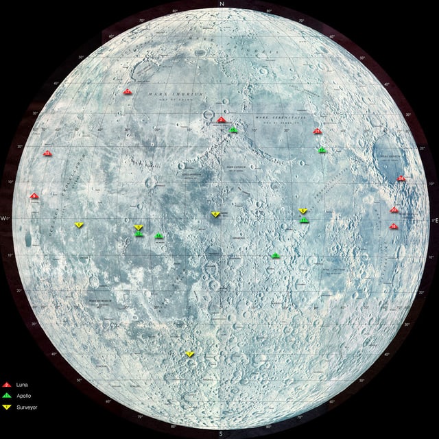 Die Karte zeigt Landeorte der Raumfahrzeuge der Luna-, Surveyor- und Apollo-Programme auf dem Mond. Die Karte zeigt Landeorte der Raumfahrzeuge der Luna-, Surveyor- und Apollo-Programme auf dem Mond.