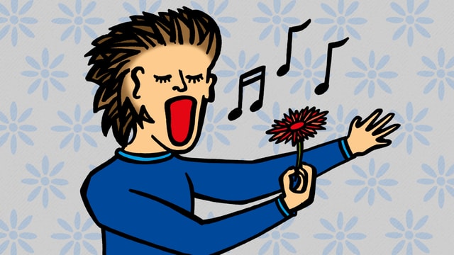 Illustration: Ein Mann besingt eine Blume. Illustration: Ein Mann besingt eine Blume.