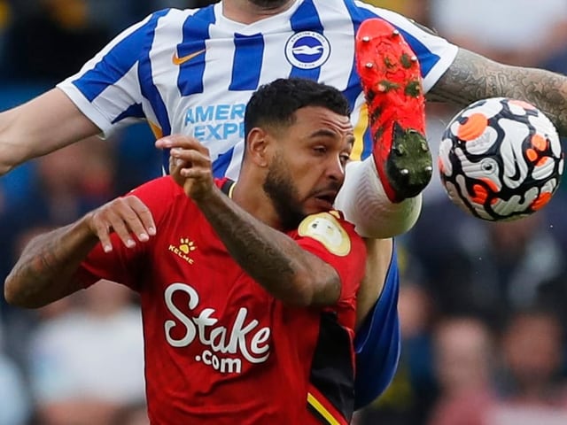 Watfords Joshua King (in Rot) im ungleichen Duell mit Shane Duffy von Brighton & Hove Albion.