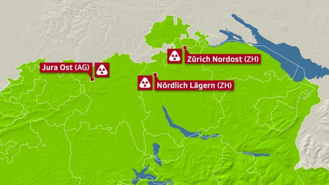Karte mit den drei möglichen Standorten Jura Ost, Nördlich Lägern und Zürich Nordost. Karte mit den drei möglichen Standorten Jura Ost, Nördlich Lägern und Zürich Nordost.