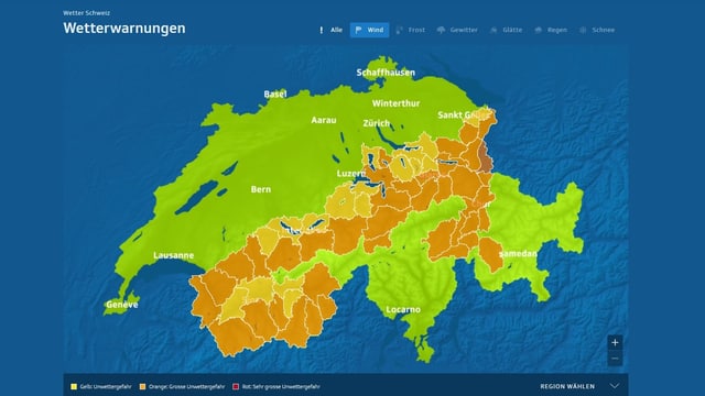 Eine Schweizerkarte zeigt die gewarnten Gebiete. Eine Schweizerkarte zeigt die gewarnten Gebiete.
