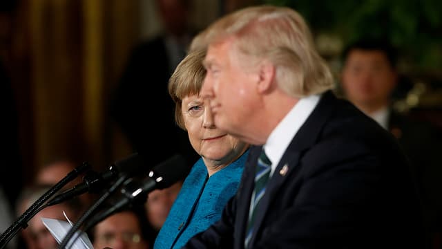 Merkel bei ihrer Medienkonferenz mit Trump am 17. März 2017 Merkel bei ihrer Medienkonferenz mit Trump am 17. März 2017