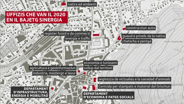 Carta da la citad da Cuira cun nudà ils bajetgs dals departaments ed ils uffizis che van en la Sinergia. Carta da la citad da Cuira cun nudà ils bajetgs dals departaments ed ils uffizis che van en la Sinergia.