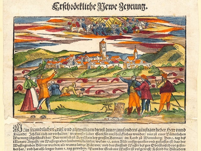 Flugblatt: Blutrot verfärbte Wasser im Graben und eine Schlacht im Himmel. Flugblatt: Blutrot verfärbte Wasser im Graben und eine Schlacht im Himmel.