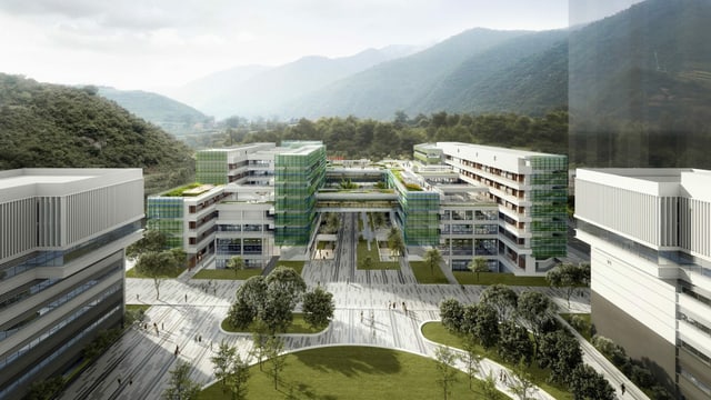 eine Visualisierung eines modernen Campus, umringt von Grünflächen eine Visualisierung eines modernen Campus, umringt von Grünflächen
