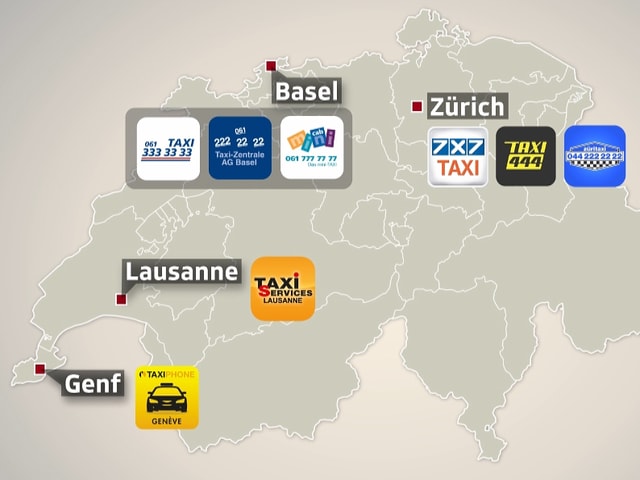 Schweizer Karte mit den Logos der Funk-Taxi-Zentralen. Schweizer Karte mit den Logos der Funk-Taxi-Zentralen.