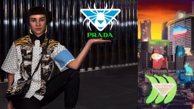 Lil Miquela steht neben einem Prada-Logo. Lil Miquela steht neben einem Prada-Logo.