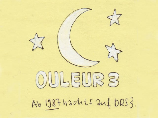Zu sehen ist ein gezeichneter Mond und Sterne. Der Mond ist eine Sicher wie der Buchstabe C, das C in Couleur 3.